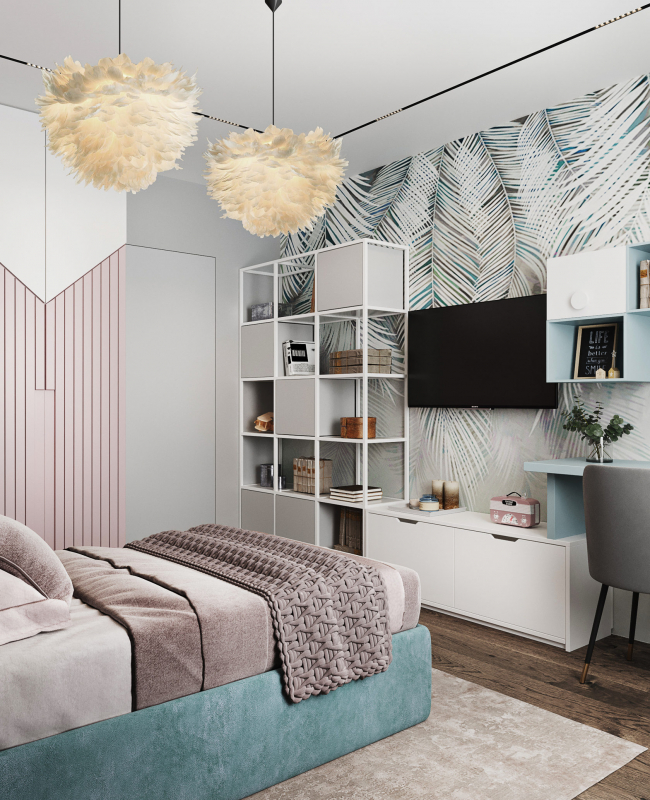 Sufit napinany w pokoju dziecięcym z designerskim wnętrzem i miękkim światłem
